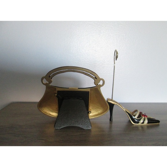 Small Enamel Purse Metal Rhinestone Picture Frame Shoe Holder Set Black Red Gold - Picture 6 of 9